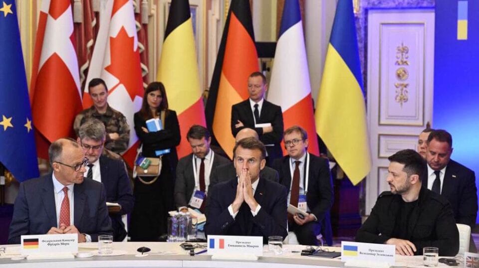European leaders and Ukraine's President Volodymyr Zelensky take part in a meeting in the capital Kiev on May 10, 2025. (AFP)